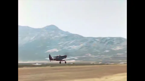 Restored WWII RAF Spitfire Taking Off From a Dirt Runway, Corsica 1944, 60FPS Stock Footage 336781217