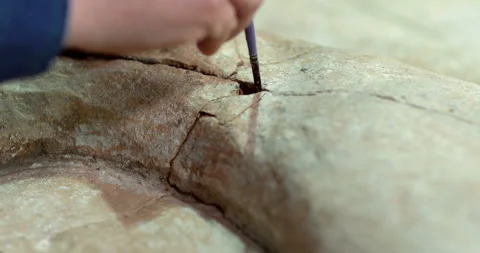 The restorer introduces the cement mortar by a small brush into the cracks Stock Footage 119547401