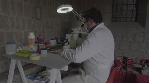 Restorer use a microscope in civic museum Luigi Rossi Danielli in Viterbo 動画素材 153907141