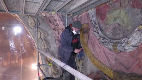 Restorer Working on Historic Baroque Wall Painting Stock-Footage 345215373