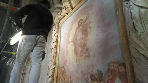Restorer Working on Historic Baroque Wall Painting Video stock 345220671