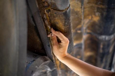 Restorers work on 650-year-old section of St. Vitus Cathedral at Prague Castle,  Stock Photos