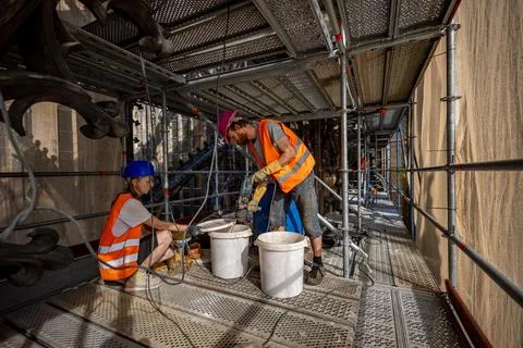 Restorers work on 650-year-old section of St. Vitus Cathedral at Prague Castle,  Stock Photos