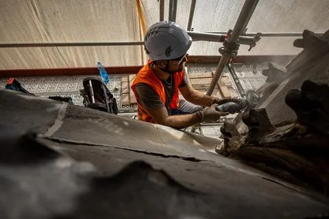 Restorers work on 650-year-old section of St. Vitus Cathedral at Prague Castle,  Stock Photos