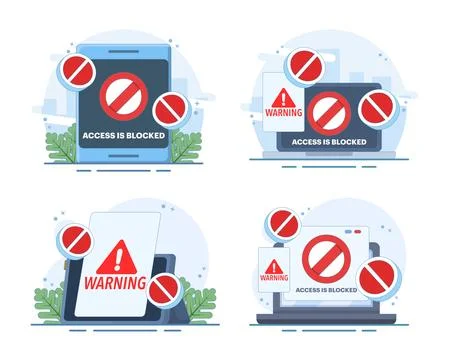 Restricted access set featuring blocked computer screen, denied internet entry Illustrazione stock