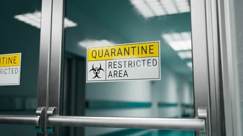 A restricted area while an epidemic.Warning sign on the glass door. Quarantine. Video stock 133448637