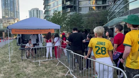 Restricted Item Storage tent and fans at the FIFA World Cup Stock Footage 337155186