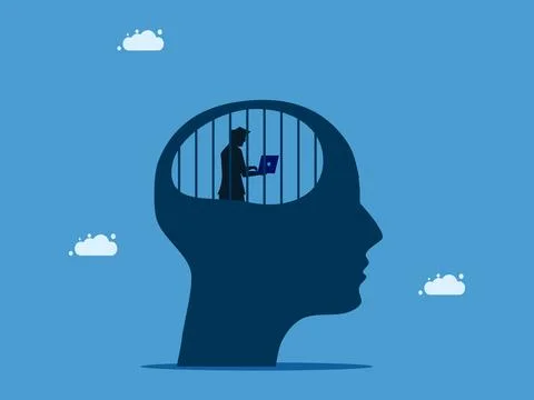 Restricted thoughts or comfort zone. man working with laptop in prison brain Illustrazione stock