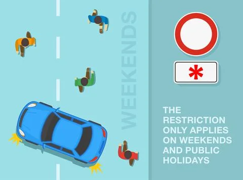 Restriction only applies on weekends and public holidays. People are walking Stock Illustration