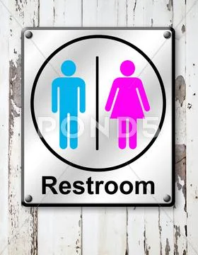 Restroom sign on white wooden wall background Stock Illustration
