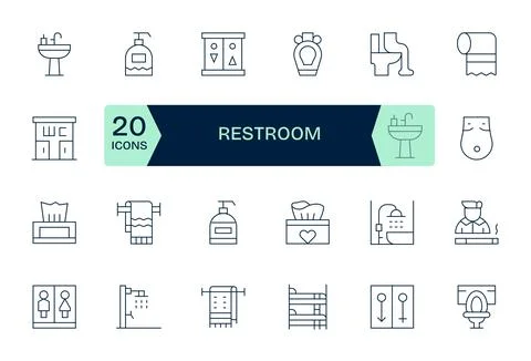 Restroom Vector Graphics featuring 24 Thin Line Pixel Aligned 128x128 Designs Stock Illustration