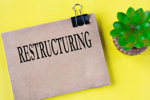 RESTRUCTURING - word on brown paper on a yellow background with a cactus Stock Photos