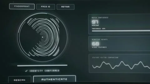 Result of a fingerprint scan, Identity confirmed, 97 percent match confidence Stock Footage 333830144