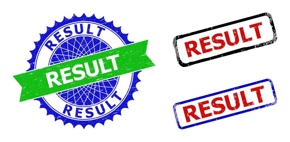 RESULT Rosette and Rectangle Bicolor Badges with Unclean Textures Stock Illustration