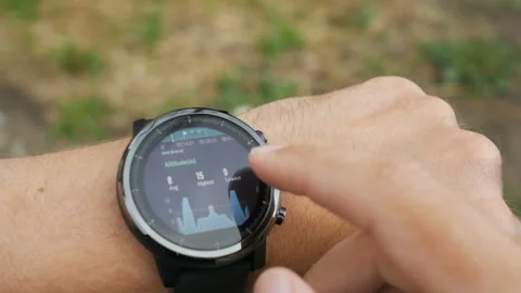 Results of a running training session on smart watch. Smartwatch. Hand with s Video stock 100988183
