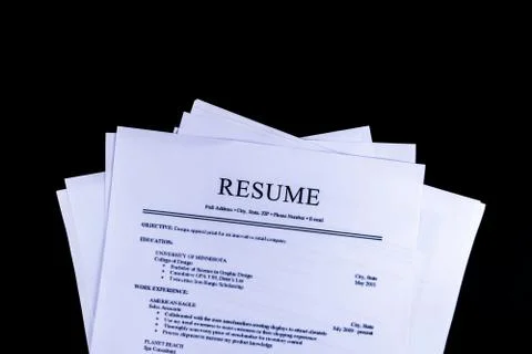 Resume Documents Papers with black background and top view, Business and Offi Stock Photos