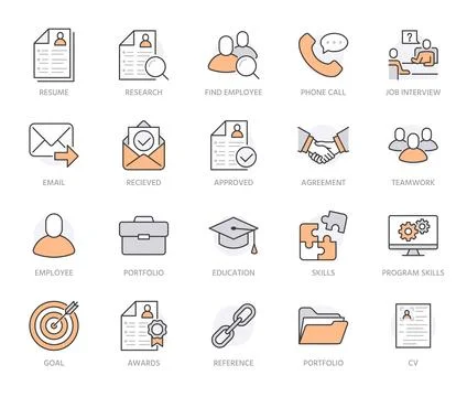 Resume flat line icons set. Hr human resources, job application, interview Illustrazione stock
