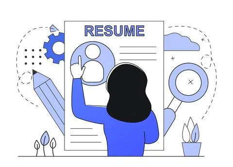 Resume for work. Woman create CV for new job. Young woman search job Ilustración de archivo