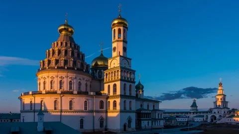 Resurrection Cathedral of the New Jerusalem Monastery at sunset. Istra,  Russia. Stock Footage 105375860
