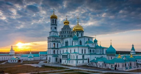 Resurrection Cathedral of New Jerusalem Monastery at sunset, Russia Stock Footage 106237528