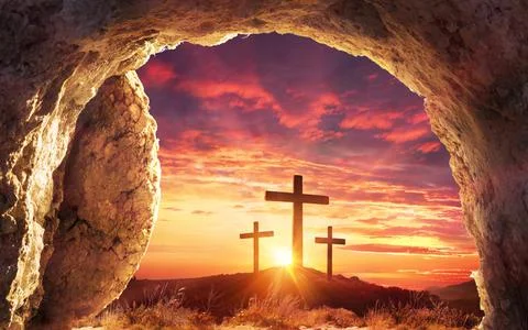 Resurrection Concept - Empty Tomb With Three Crosses On Hill At Sunrise Stock Photos