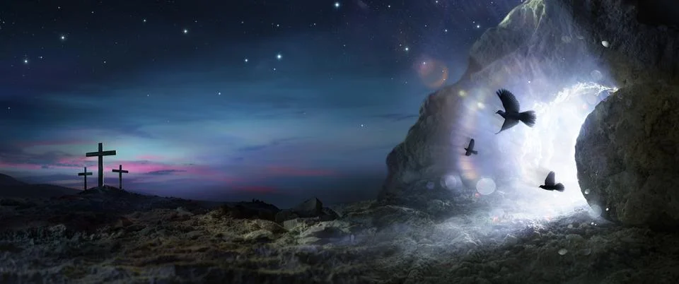 Resurrection - Empty Tomb With Rolled Stone And Doves Flying Out Of Cave Stock Illustration