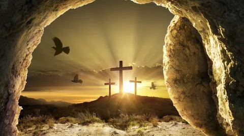 Resurrection - Empty Tomb With Rolled Stone And Doves Flying Out Of Cave Stock Photos