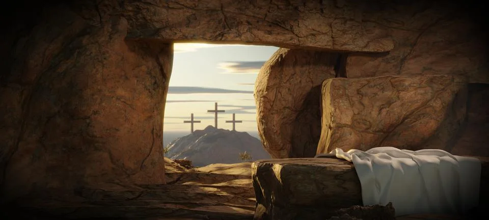 Resurrection Happy Easter He is Risen Light In The Empty Tomb With Crucifixio Stock Illustration