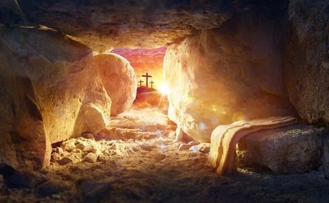Resurrection Of Jesus Christ - Tomb Empty With Shroud And Crucifixion Stock Photos
