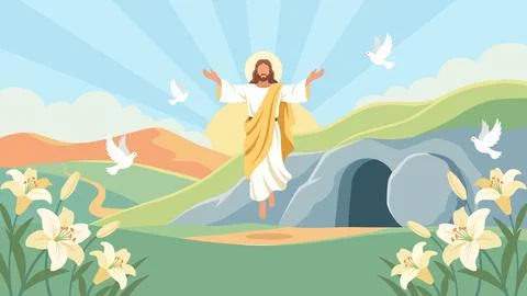 Resurrection of Jesus with Empty Tomb and Doves Easter Celebration Campaign.. Stock Illustration