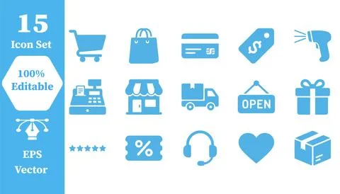 Retail and e-commerce vector icon set with 15 shopping symbols, shopping Stock Illustration