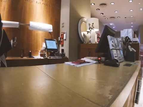 Retail bar code scanner in working process on table counter Stock Footage 77558230