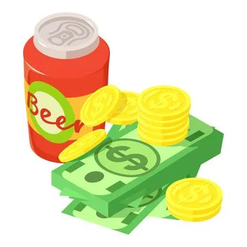Retail beer icon isometric vector. Beer can near stack of dollar bill and coin Stock Illustration