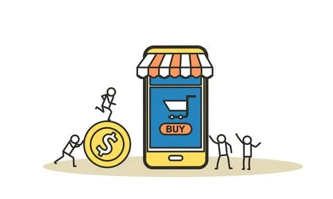 Retail buying vector display smart product illustration shopping store. Peopl Иллюстрация