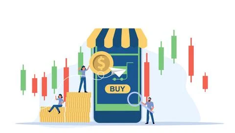 Retail buying vector display smart product illustration shopping store. Peo.. Иллюстрация