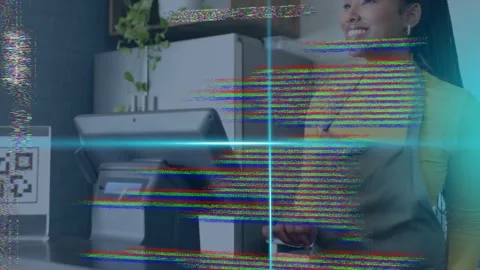 Retail cashier tapping POS screen, HUD overlay revealing QR code as customer Stock Footage 333397250