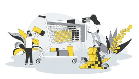 Retail concept in flat design with people. Man and woman buy goods in Stock Illustration