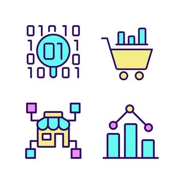 Retail data mining and analytics RGB color pixel perfect icons set Stock Illustration