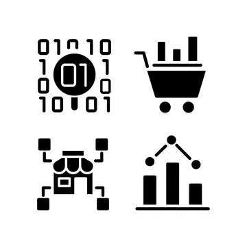 Retail data mining and analytics black glyph icons set on white space Stock Illustration