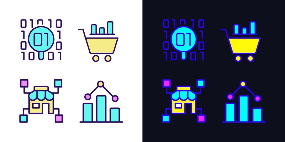 Retail data mining light and dark theme RGB color pixel perfect icons set Stock Illustration