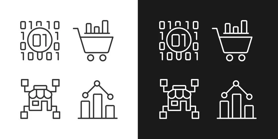 Retail data mining linear pixel perfect icons set for dark and light mode Stock Illustration