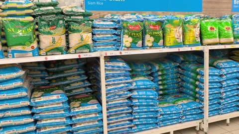 Retail Display of Packaged Rice Varieties Stock Footage 320558918