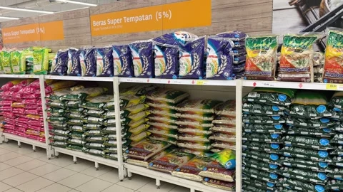 Retail Display of Packaged Rice Varieties Stock Footage 320558979