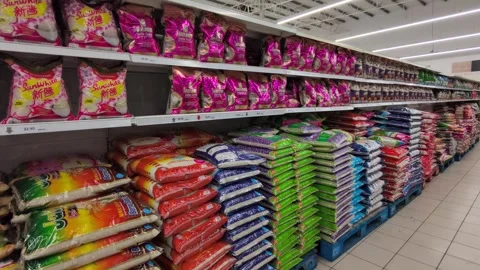 Retail Display of Packaged Rice Varieties Stock Footage 320559009