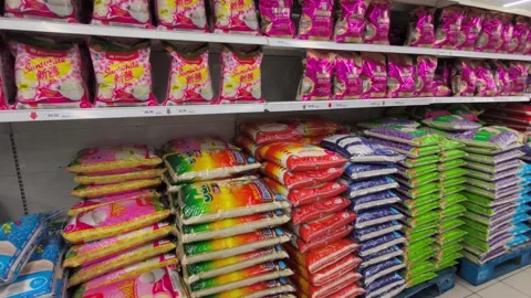 Retail Display of Packaged Rice Varieties Stock Footage 320559018