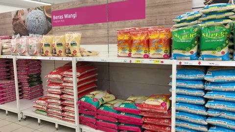 Retail Display of Packaged Rice Varieties Stock Footage 320559112