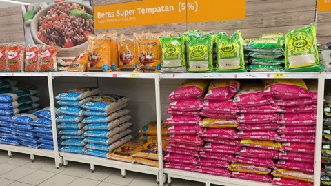 Retail Display of Packaged Rice Varieties Stock Footage 320559141