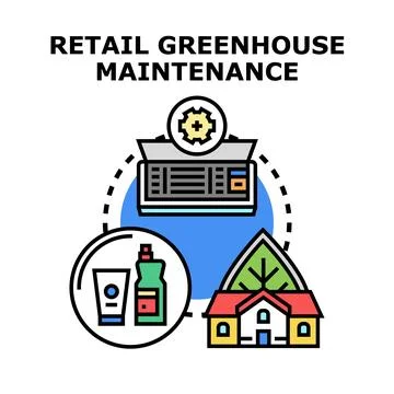 Retail greenhouse maintenance concept with tools and building Ilustración de archivo