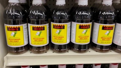 Retail grocery store Dons liquid seasoning delight on display Stock Footage 203962916