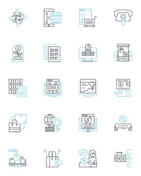 Retail Items linear icons set. Apparel, Shoes, Accessories, Electronics, Toys Stock Illustration